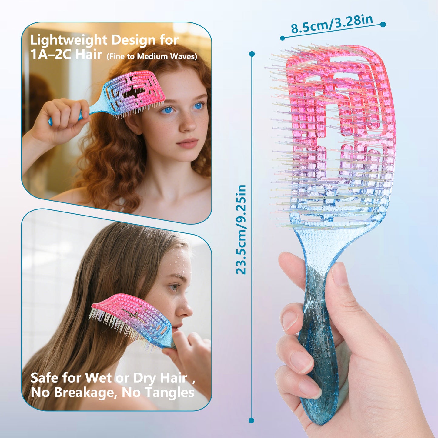 CANDYBRUSH Pro Wet Hair Detangling Brush for 1A-2C Hair - Lightweight (74g/2.6oz), Wet to Dry, Static Free, Travel Friendly | Fast Blowout & No Breakage | Gradient Gift Design Rectangular