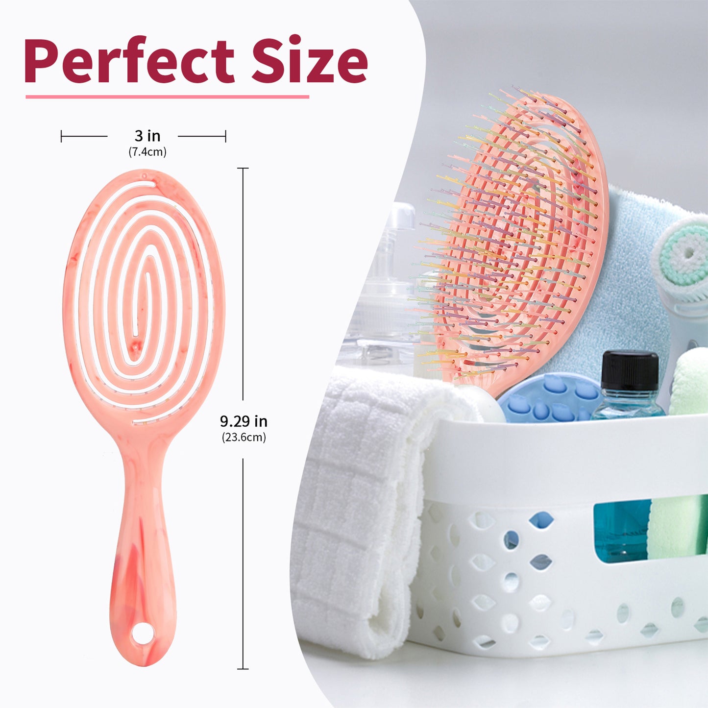 Blushmarks Detangling Wet Hair Brush Long & short bristle,Large-Eliptical Spiral Vented Brush for All Hair Types - Pink Marble Printing, Idea Gift