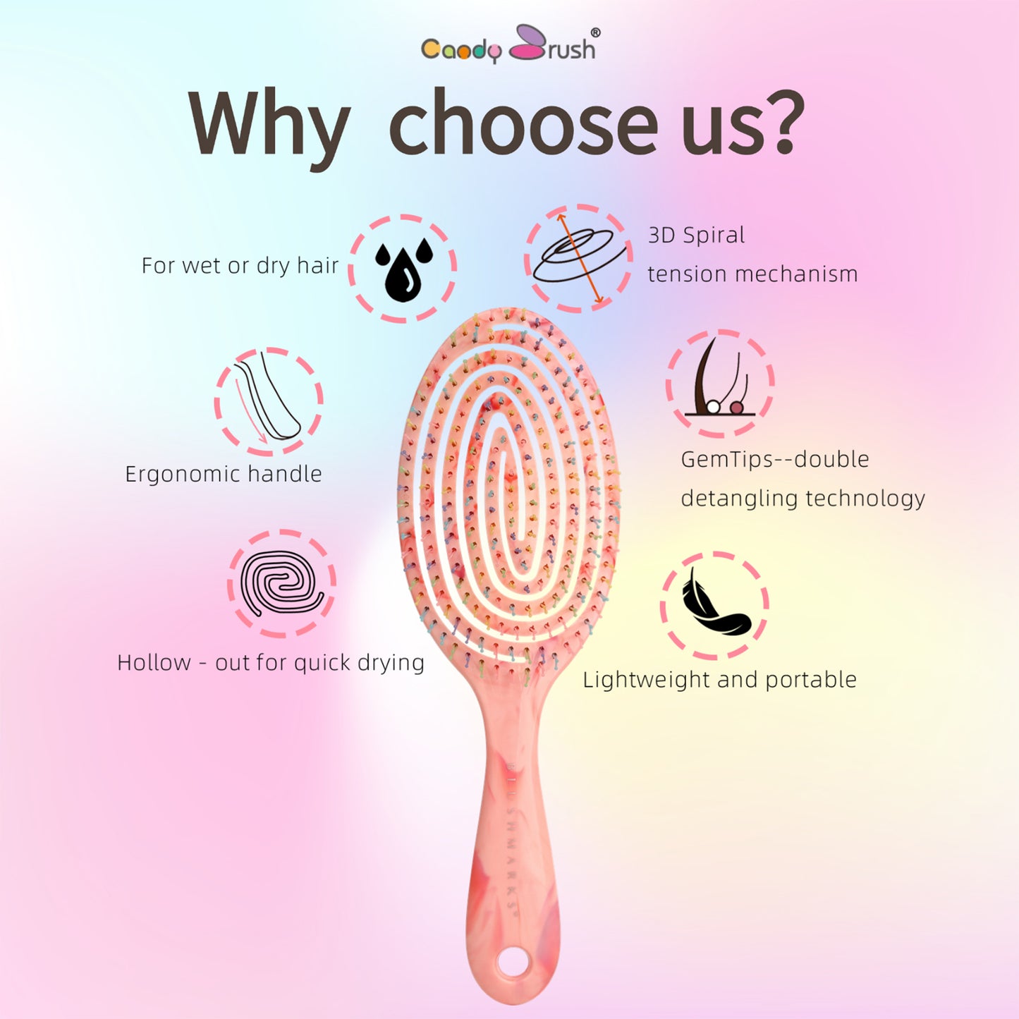 Blushmarks Detangling Wet Hair Brush Long & short bristle,Large-Eliptical Spiral Vented Brush for All Hair Types - Pink Marble Printing, Idea Gift