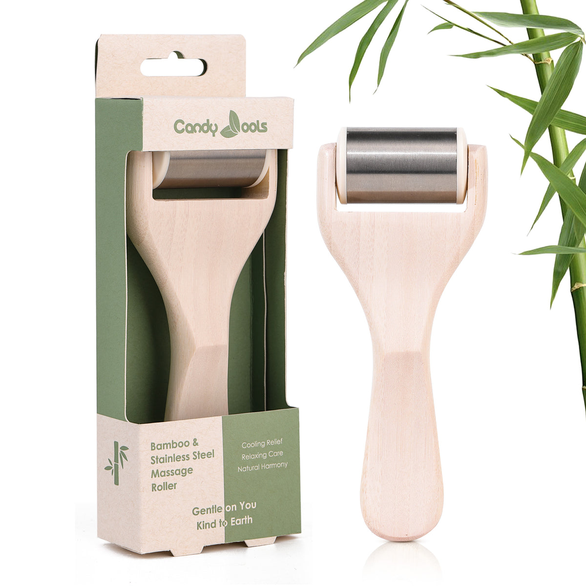 JMH1024 stainless steel massage roller with bamboo handle shown with retail packaging