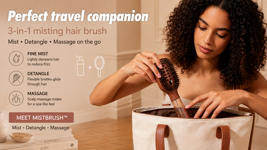 Woman using MistBrush misting hair brush to refresh and detangle lightly damp hair