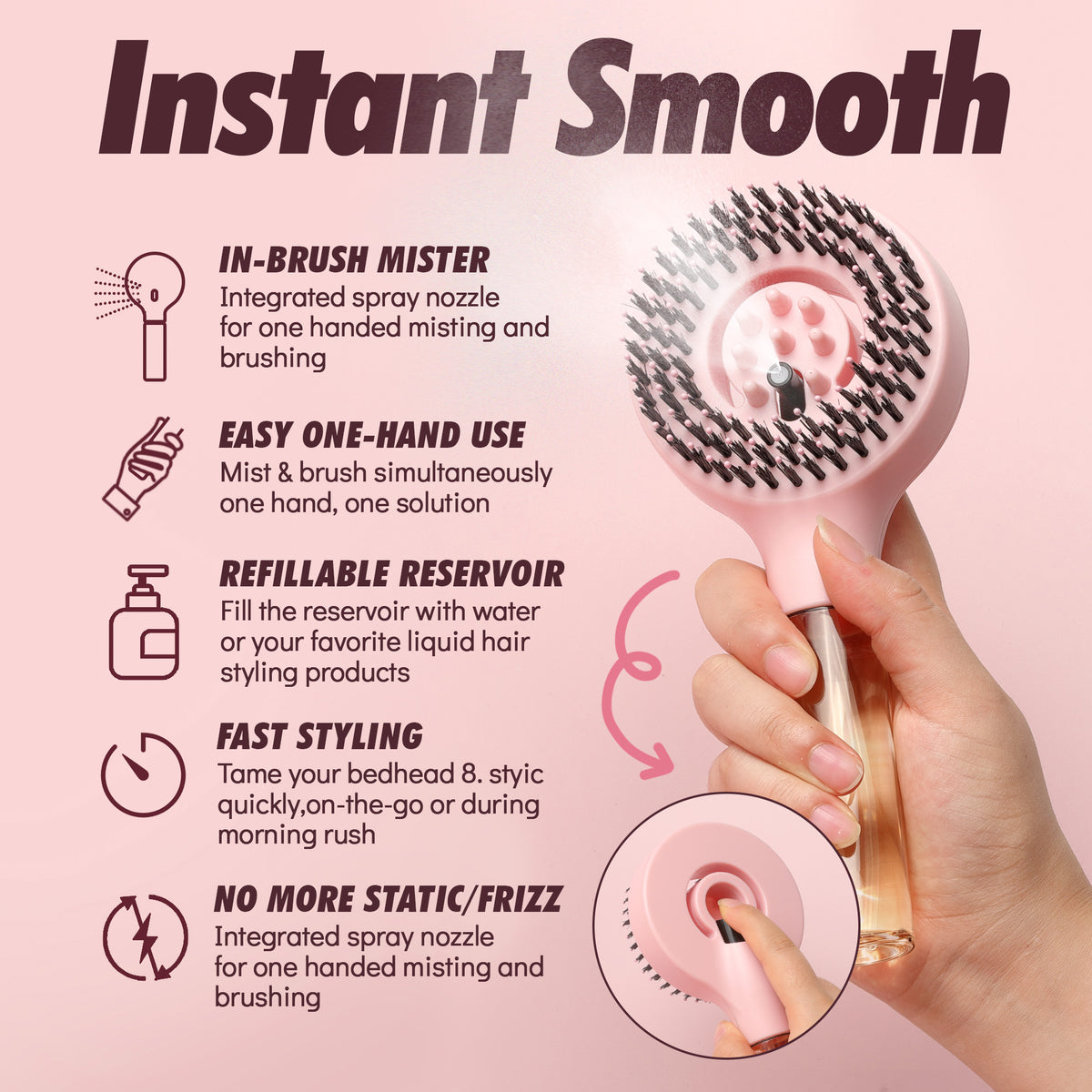 Candy Brush MistBrush FE1004 misting hair brush with built-in spray nozzle in the brush head