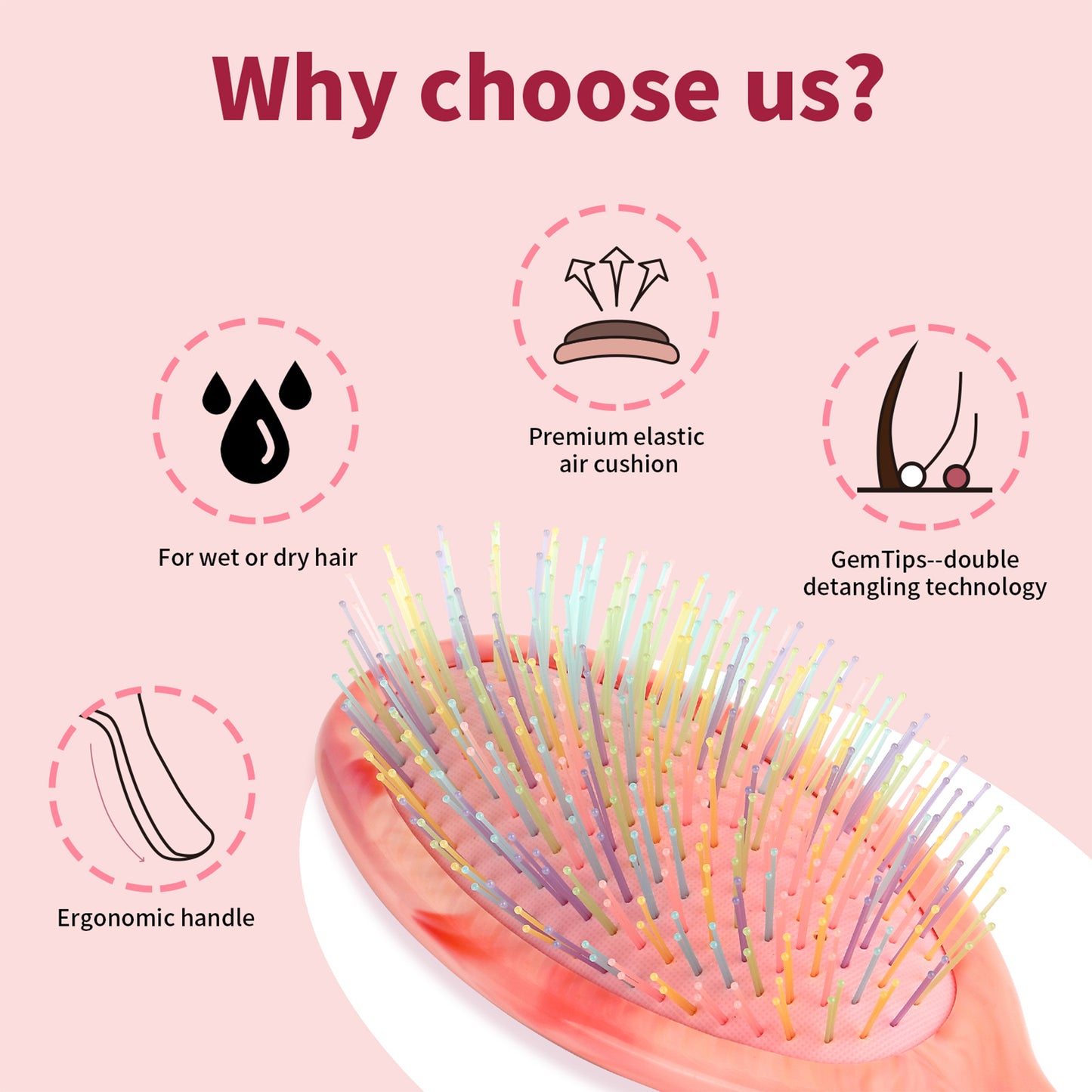 Blushmarks Detangling Wet Hair Brush, Long & short bristle Cushion Hair brush for All Hair Types, Idea Gift