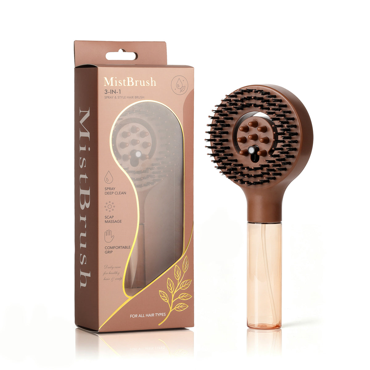 MistBrush Refillable Spray Misting Detangling Hair Brush – Round