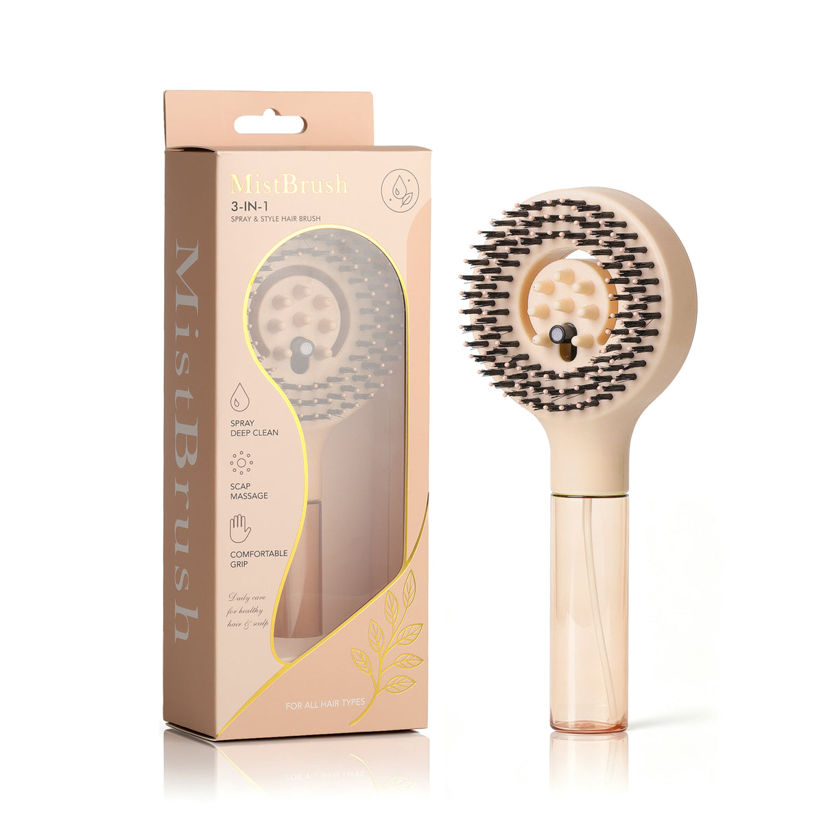 MistBrush Refillable Spray Misting Detangling Hair Brush – Round
