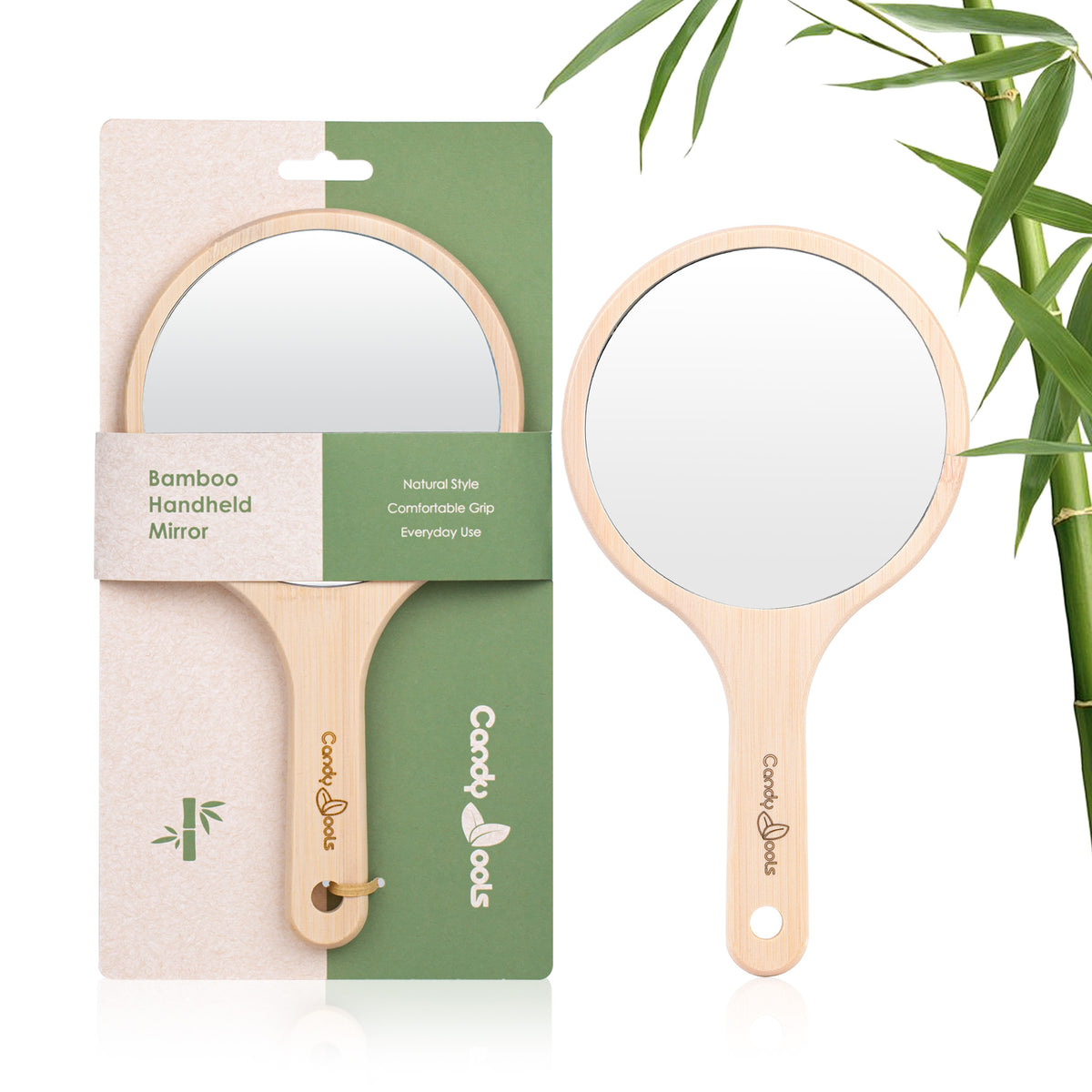 BE001 bamboo handheld mirror shown with retail packaging