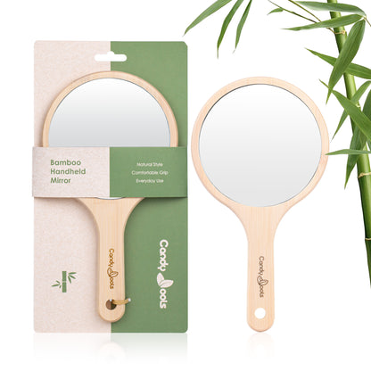 BE001 bamboo handheld mirror shown with retail packaging