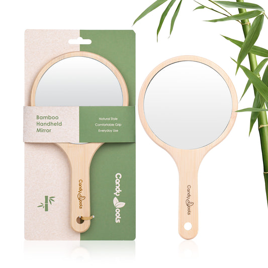 BE001 bamboo handheld mirror shown with retail packaging