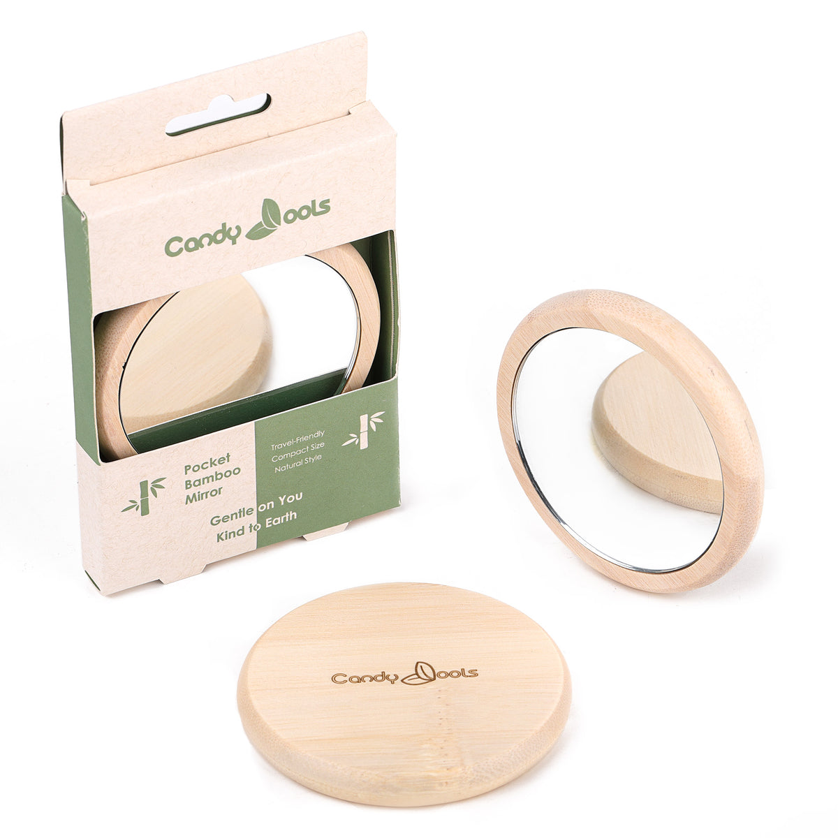 BE002 bamboo pocket mirror shown with retail packaging