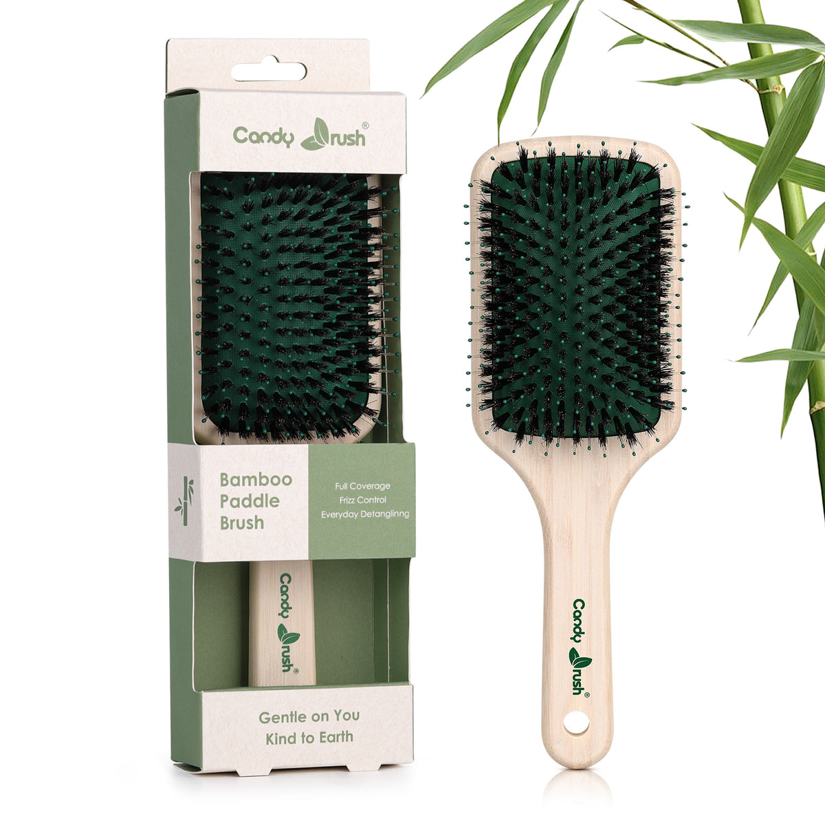 BE202M bamboo boar bristle paddle brush shown with retail packaging