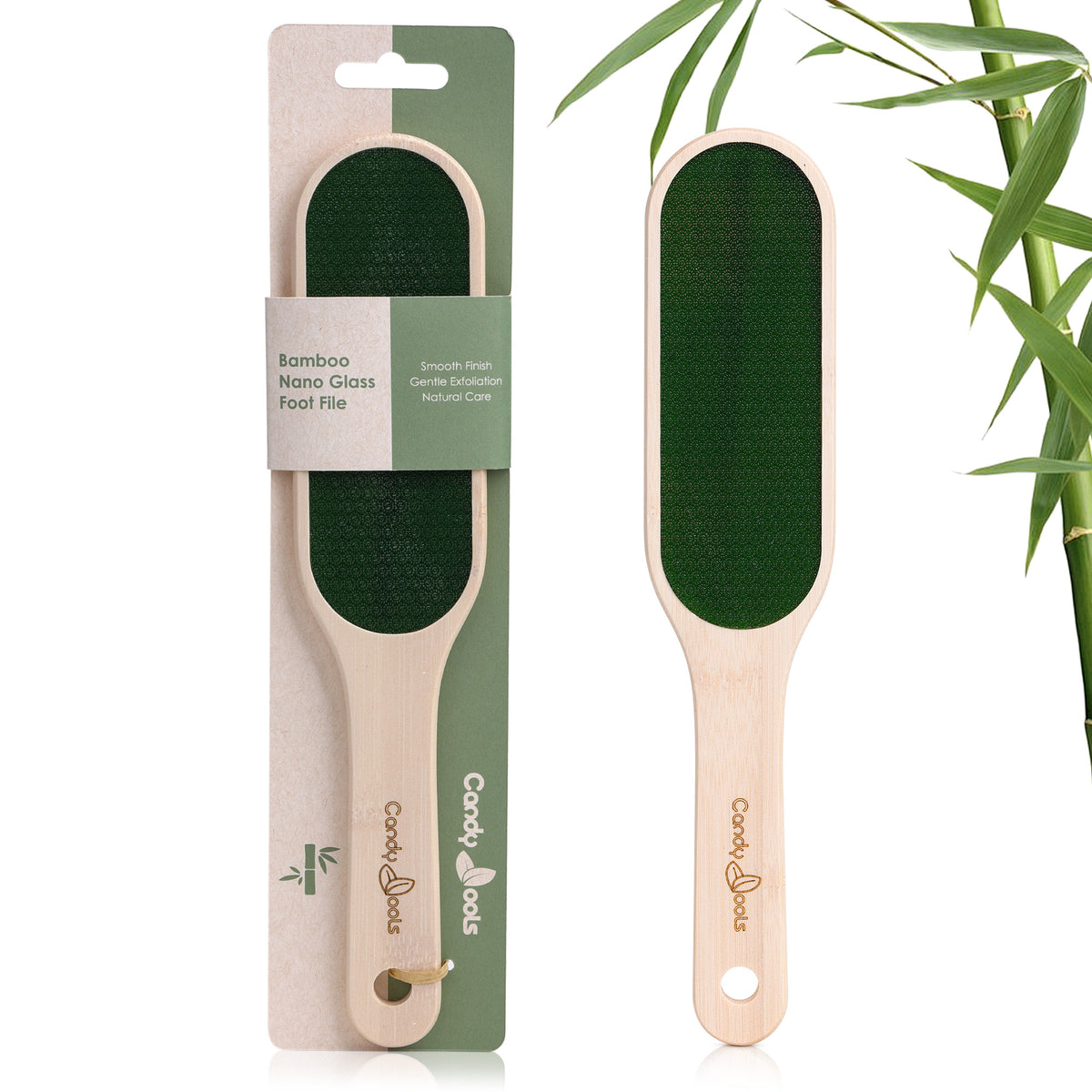 BE3001 bamboo handle nano glass foot file shown with retail packaging