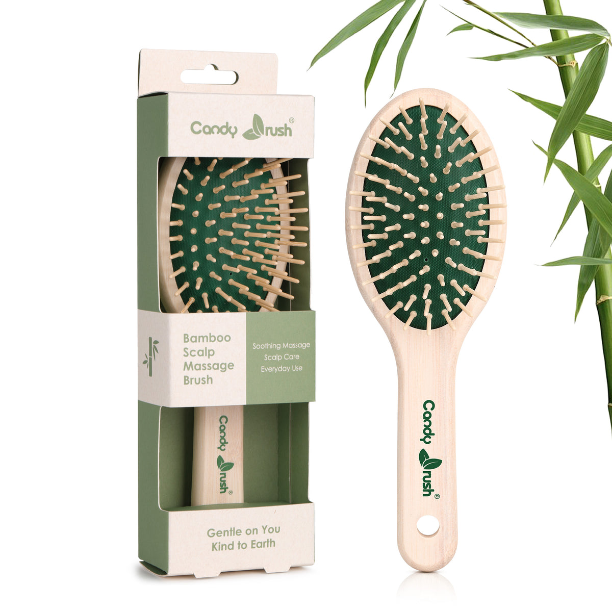BE302 oval bamboo pin hair brush shown with retail packaging