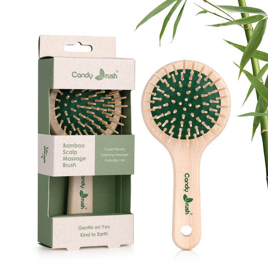 BEB101-3 round bamboo pin hair brush for adults shown with retail packaging