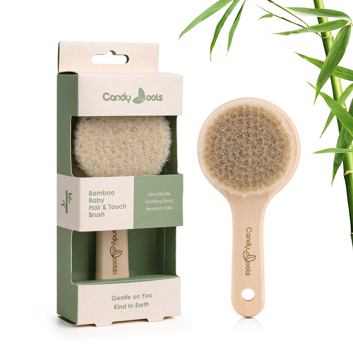 BEB101-4 bamboo handle wool baby hair brush shown with retail packaging