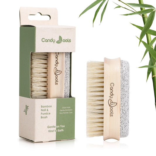 EB1603 bamboo pumice stone and bristle brush shown with retail packaging