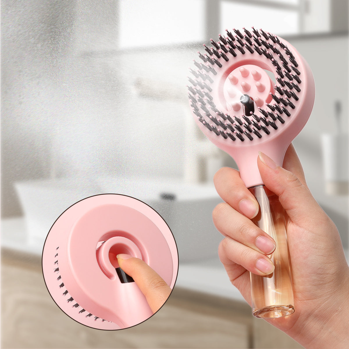 Hand pressing the spray button on the Pink MistBrush FE1004