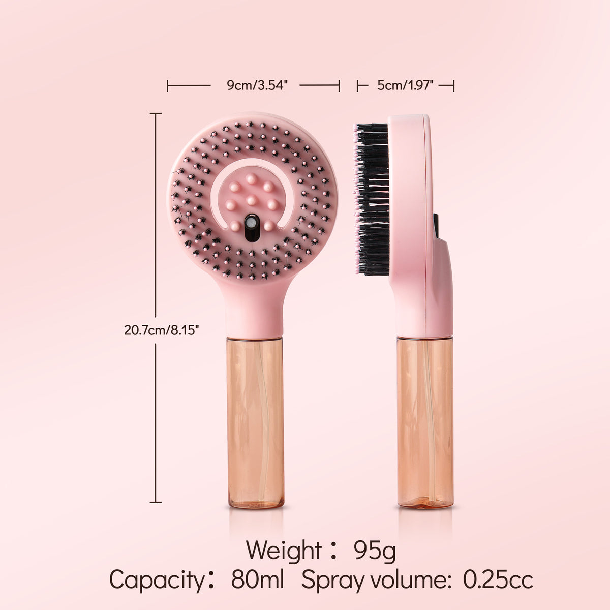Candy Brush MistBrush FE1004 spray button detail on the refillable misting hair brush