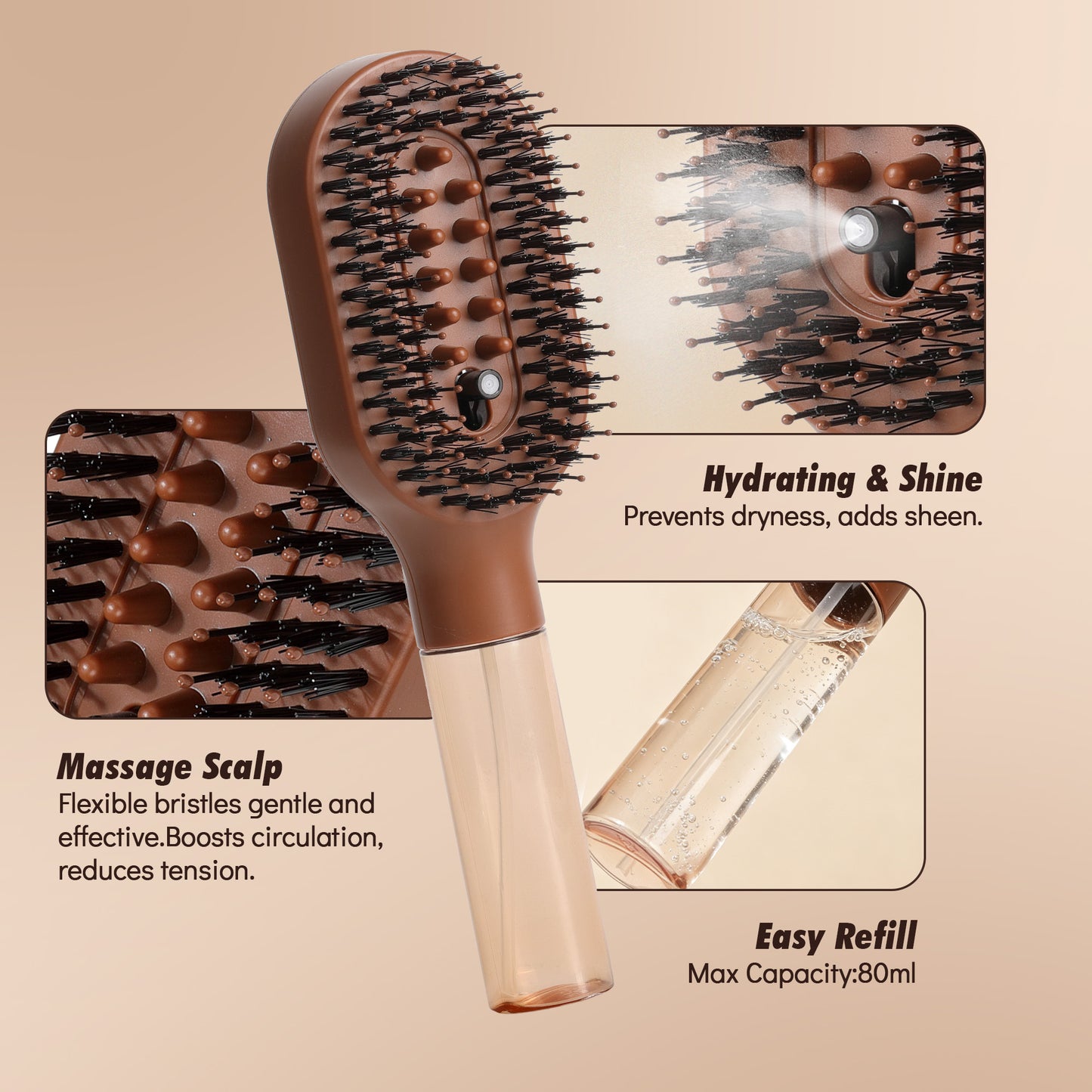 MistBrush flexible detangling bristles and massage nodes